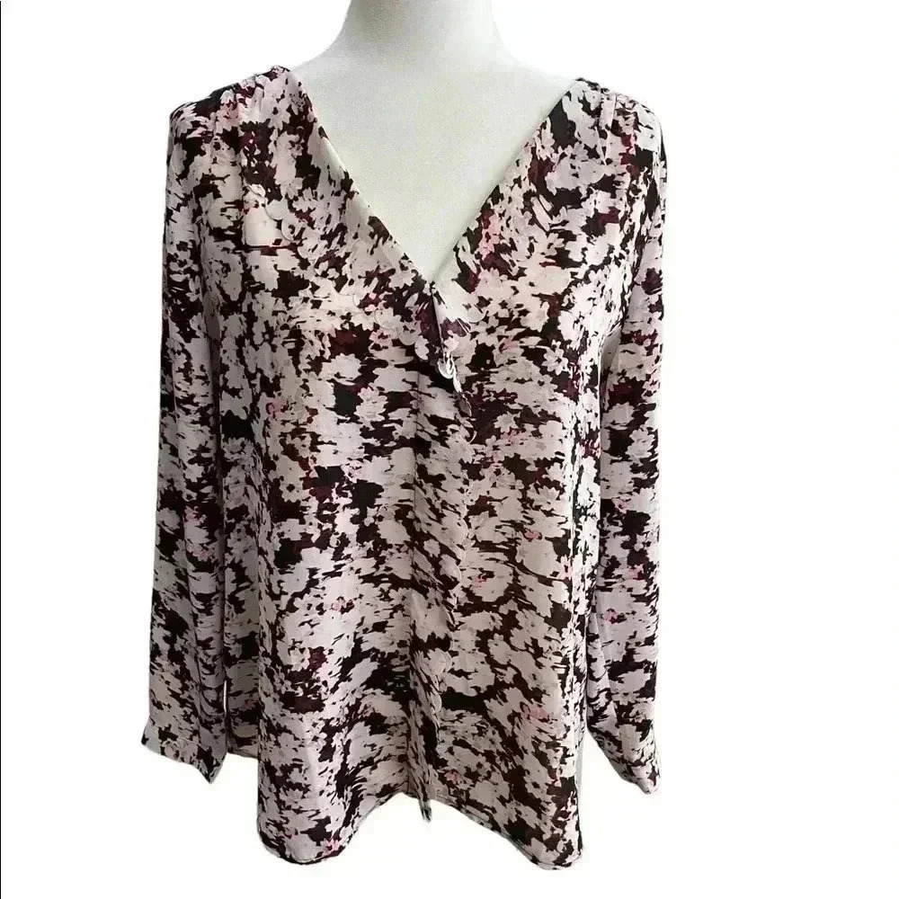 Ann Taylor Ruffle Front Maroon Pink White Black Long Sleeve Blouse size M